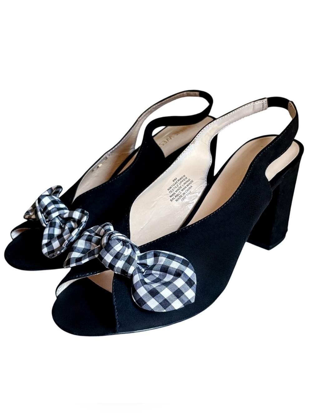Nine West Gaerwen Velvet Gingham Bow Peep Toe Sling Back Heels
